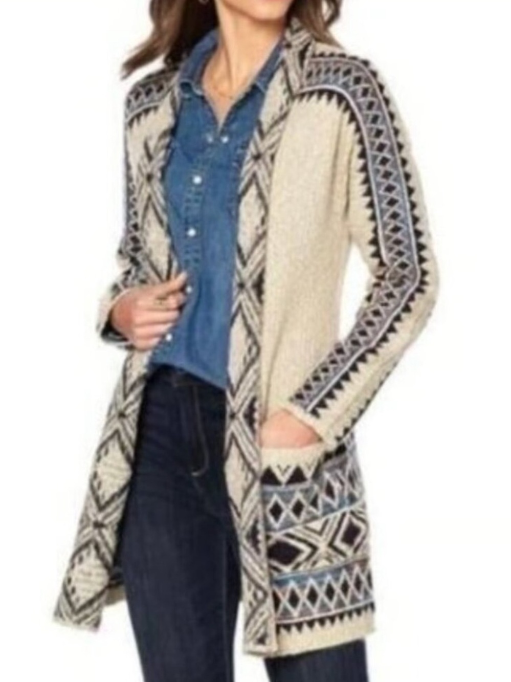 Lucky Brand Cardigan Tribal Aztec Western Open Front Sweater Womens Size XS / S